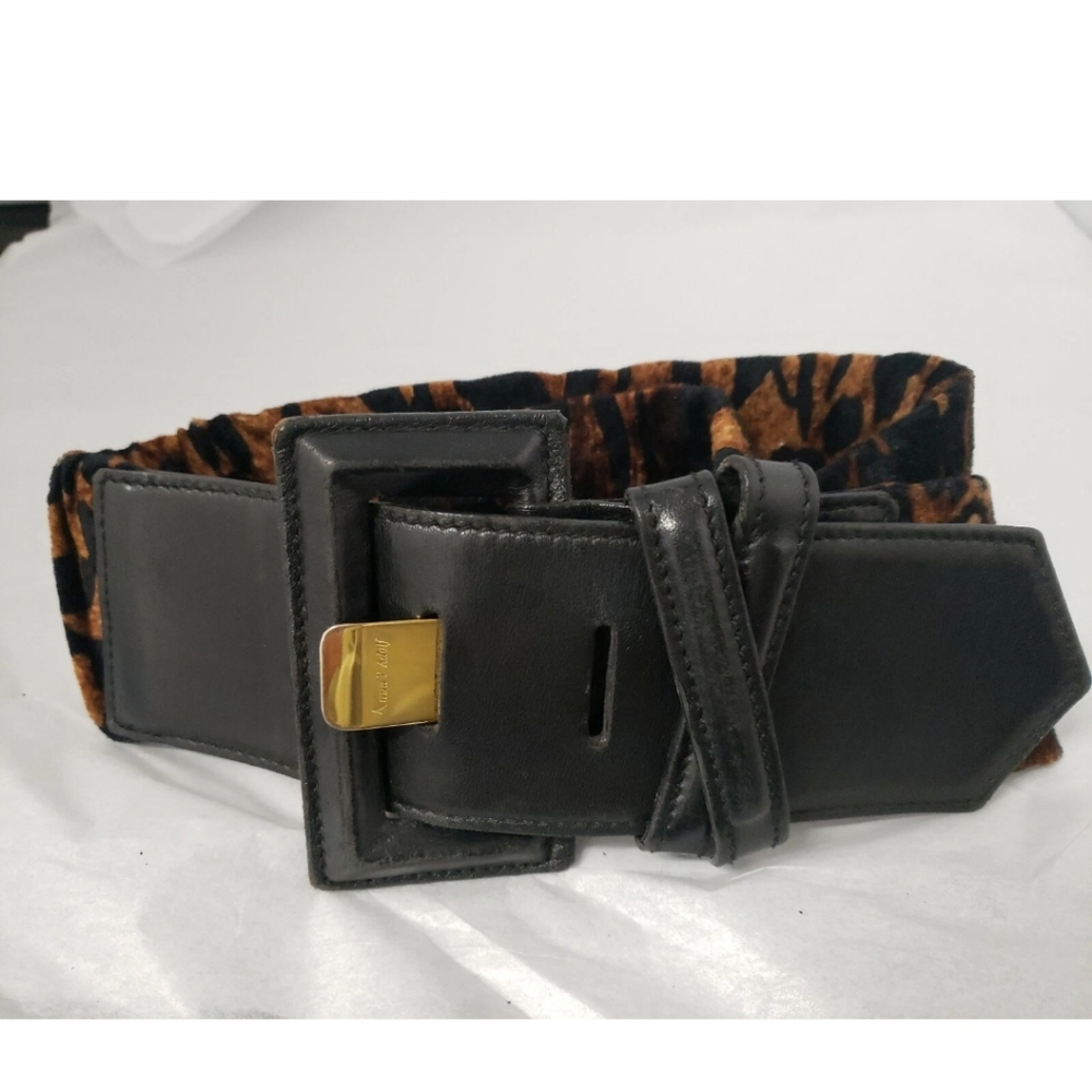 Anna V Adolph Belt Leopard Velour Elastic / Black Leather Gold Buckle Germany 34